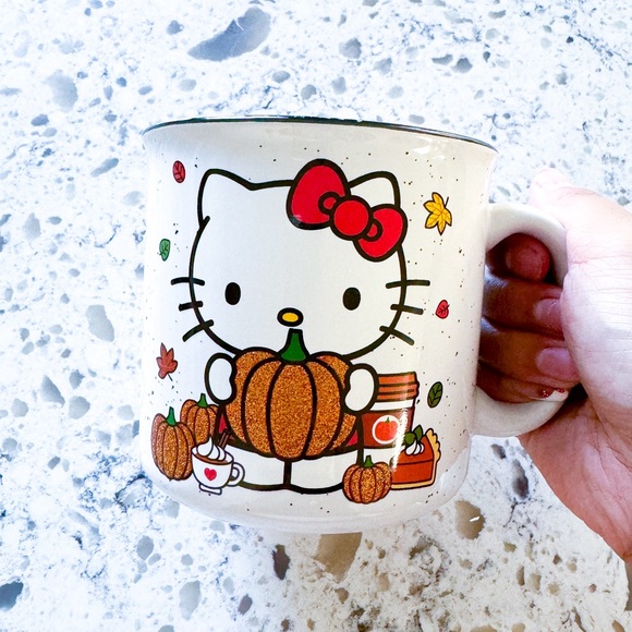 Hello Kitty Sanrio Fall Glitter Pumpkin Coffee Mug Ceramic Double Sided New - Picture 1 of 2